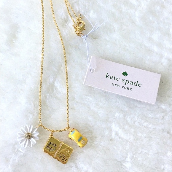 Kate Spade Off We Go Girls Trip Travel Gold Necklace with Daisy and Car Charms